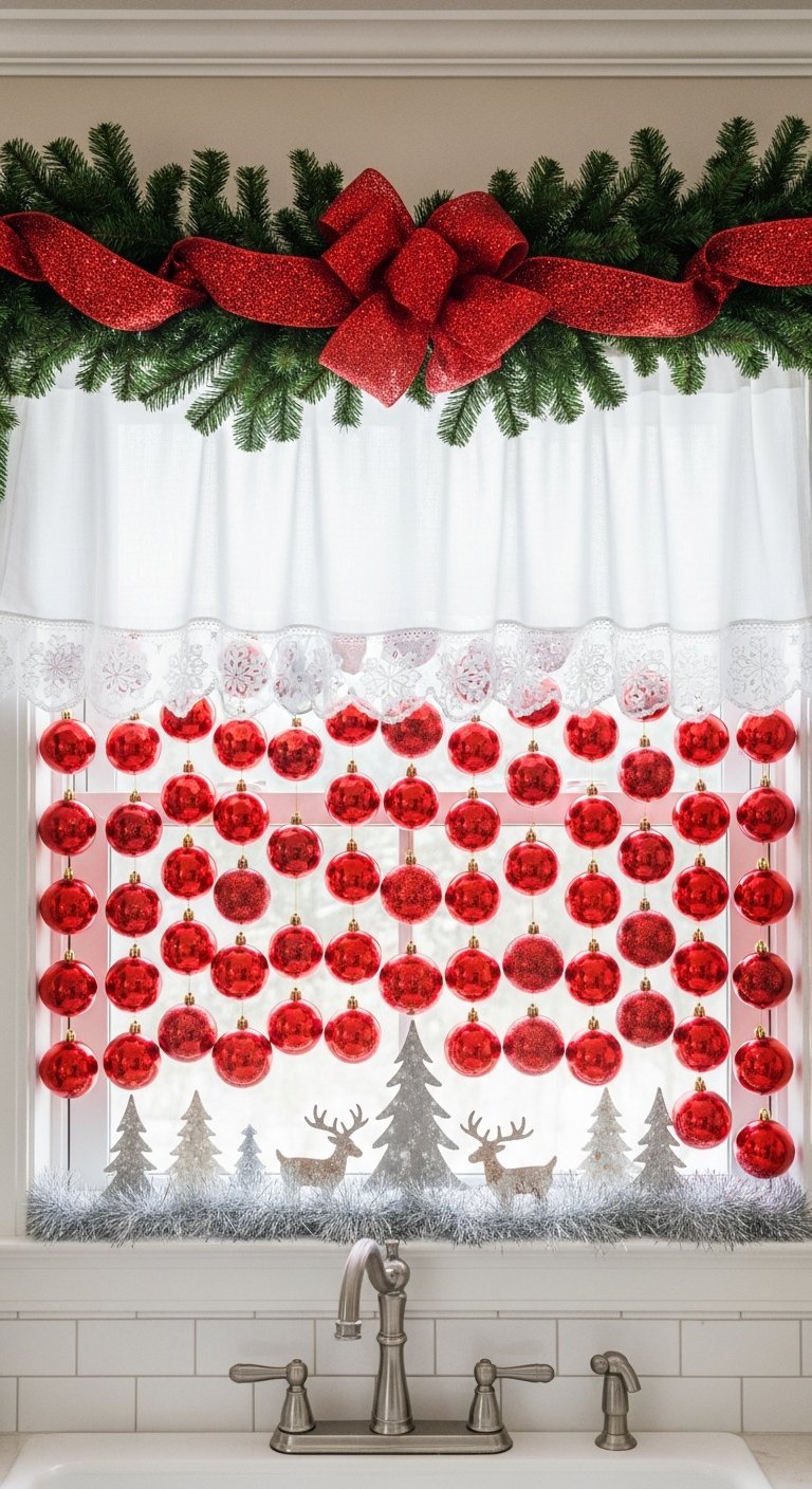Rideau de boules de Noël rouges suspendu devant une fenêtre de cuisine