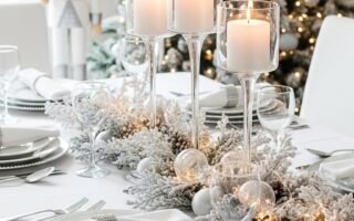 Table de Noel blanche et argentee avec chandeliers en verre et guirlande floquee