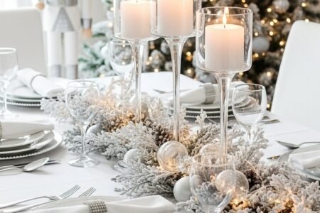 Table de Noel blanche et argentee avec chandeliers en verre et guirlande floquee