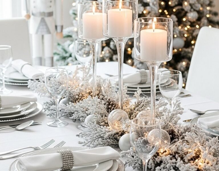 Table de Noel blanche et argentee avec chandeliers en verre et guirlande floquee