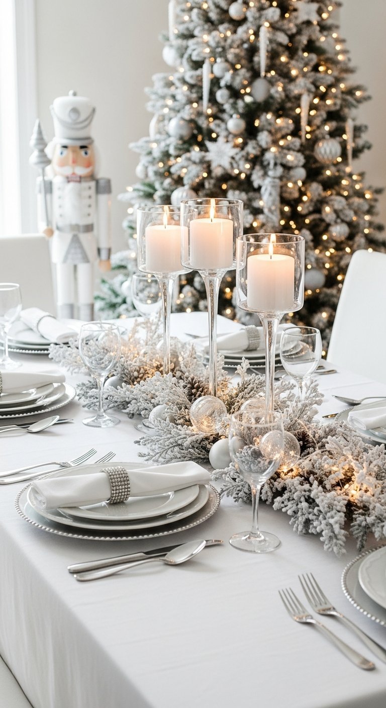 Table de Noel blanche et argentee avec chandeliers en verre et guirlande floquee