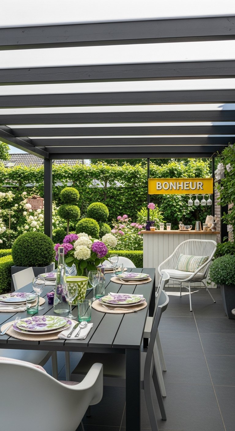 Véranda terrasse avec table à manger et petit bar extérieur