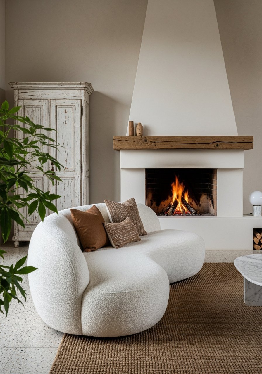 canape courbe blanc cheminee