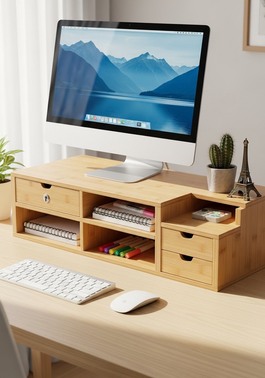 rehausseur ecran bambou tiroirs