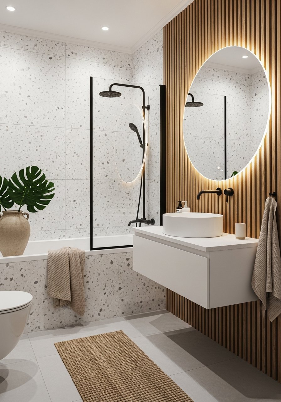 Baignoire habillage terrazzo bois