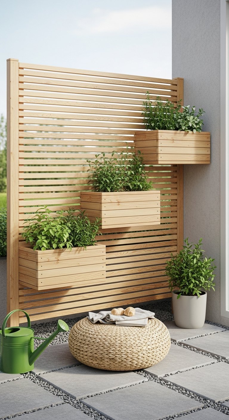 Brise vue terrasse en bois clair avec jardinieres suspendues