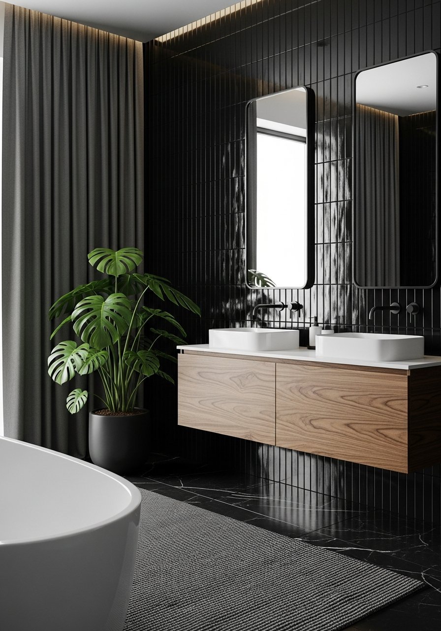 Carrelage noir vertical plante monstera