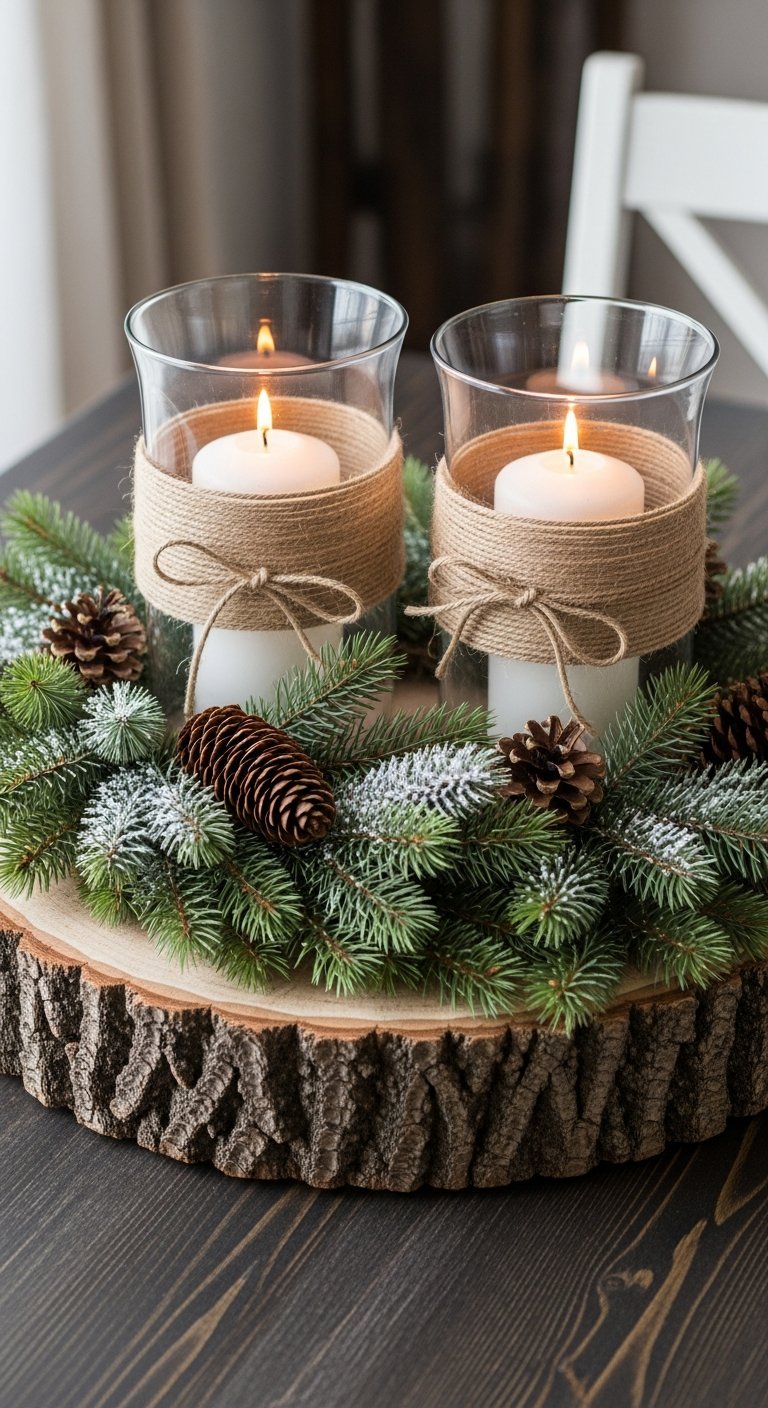 Centre de table noel naturel sur rondin avec bougies et sapin givre