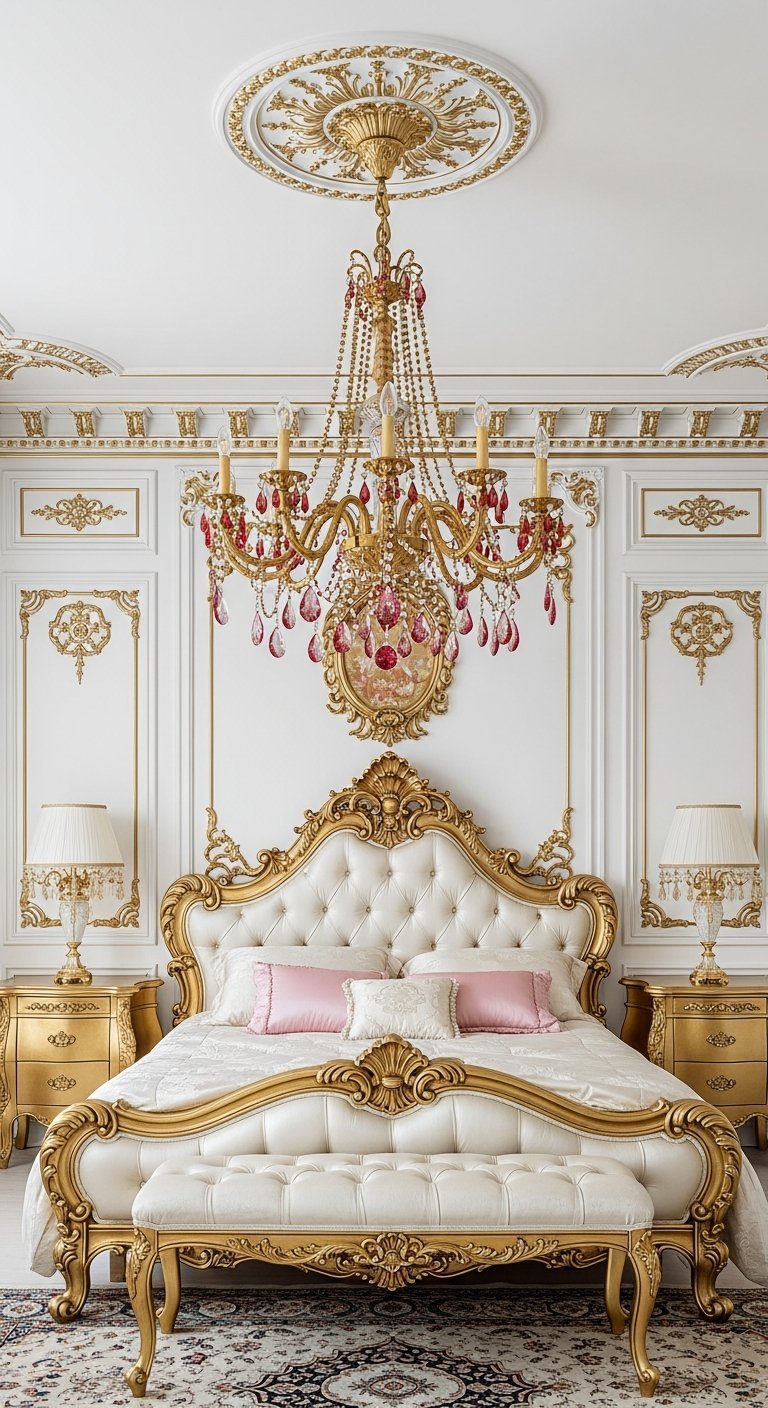 Chambre luxe style baroque avec mobilier dore et lustre en cristal rose
