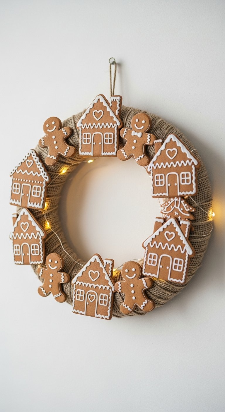 Couronne de Noel moderne en toile de jute decoree de pains d epices et guirlande lumineuse