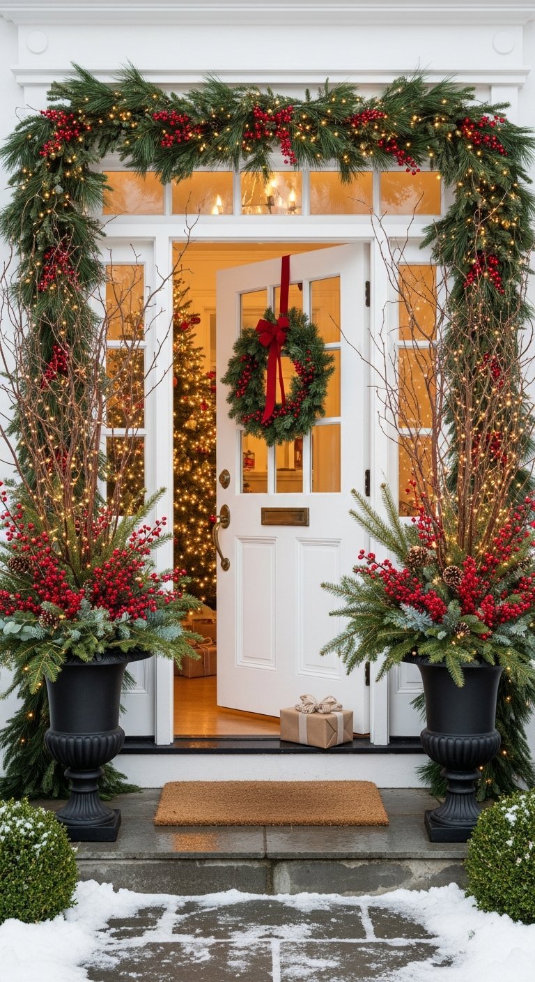 Entrée avec guirlandes naturelles baies rouges et urnes noires
