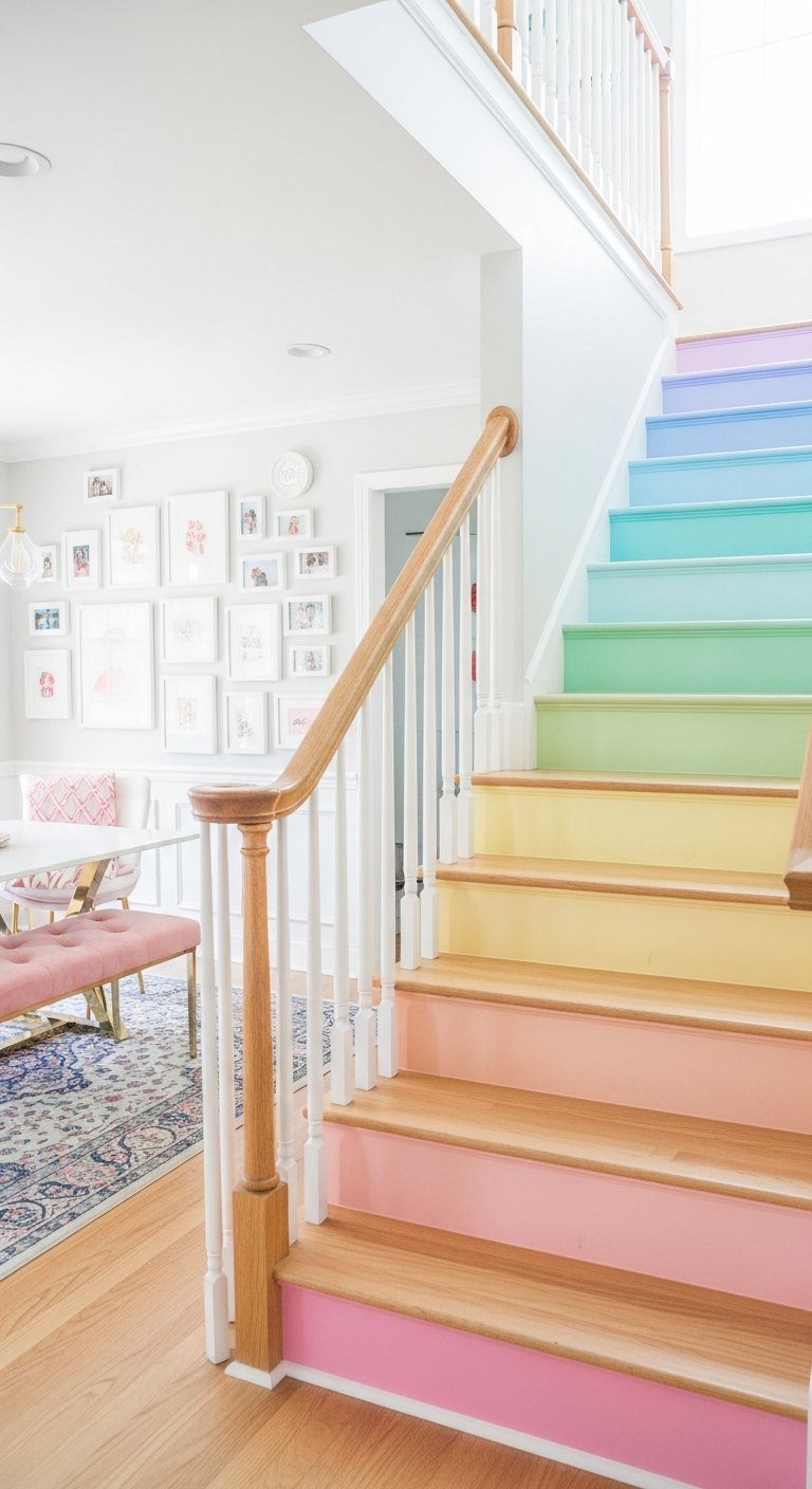 Escalier avec contremarches peintes en couleurs pastel arc en ciel et rampe en bois clair