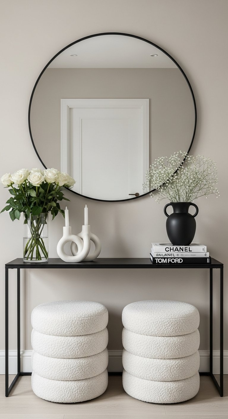 Grand miroir rond avec cadre noir au dessus d une console noire et tabourets blancs