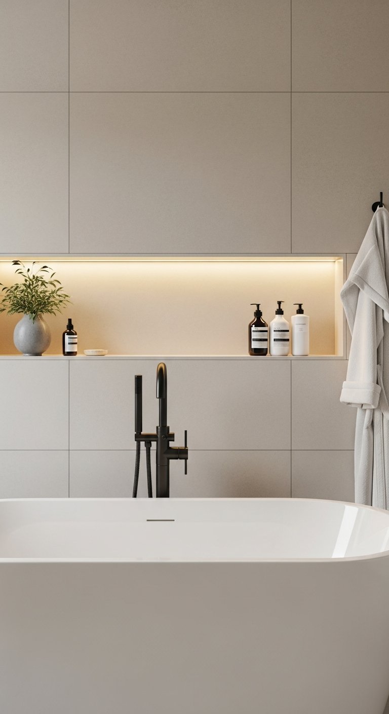 Longue niche de salle de bain beige avec eclairage LED chaud au dessus baignoire