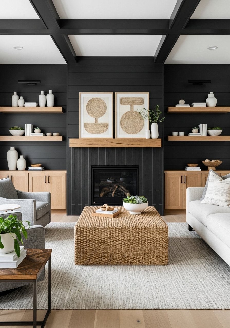 Mur noir cheminee etageres bois