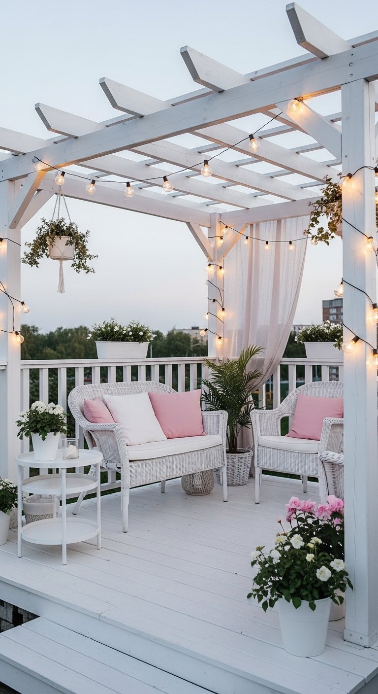 Pergola blanche avec salon de jardin en rotin blanc et coussins roses