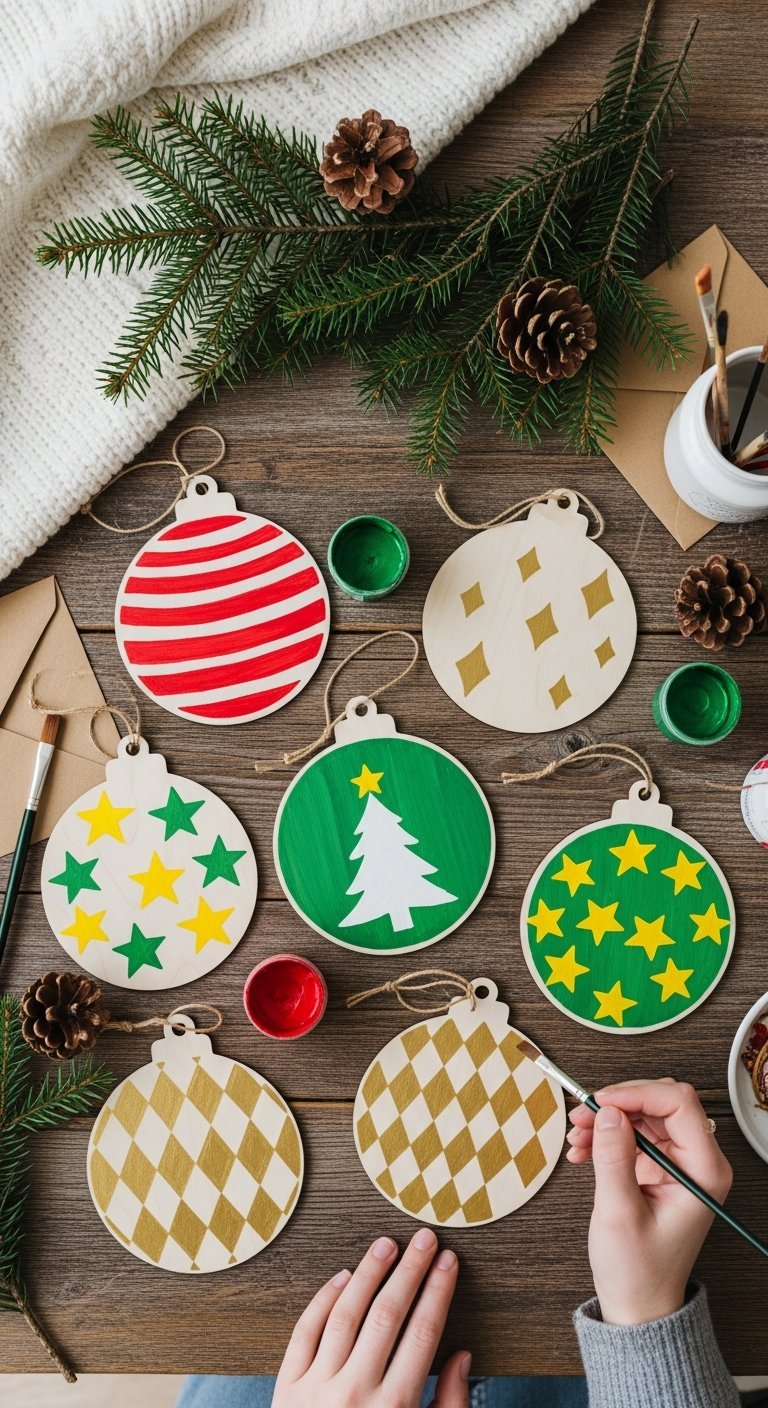 Personne peignant des decorations de noel en bois a la main