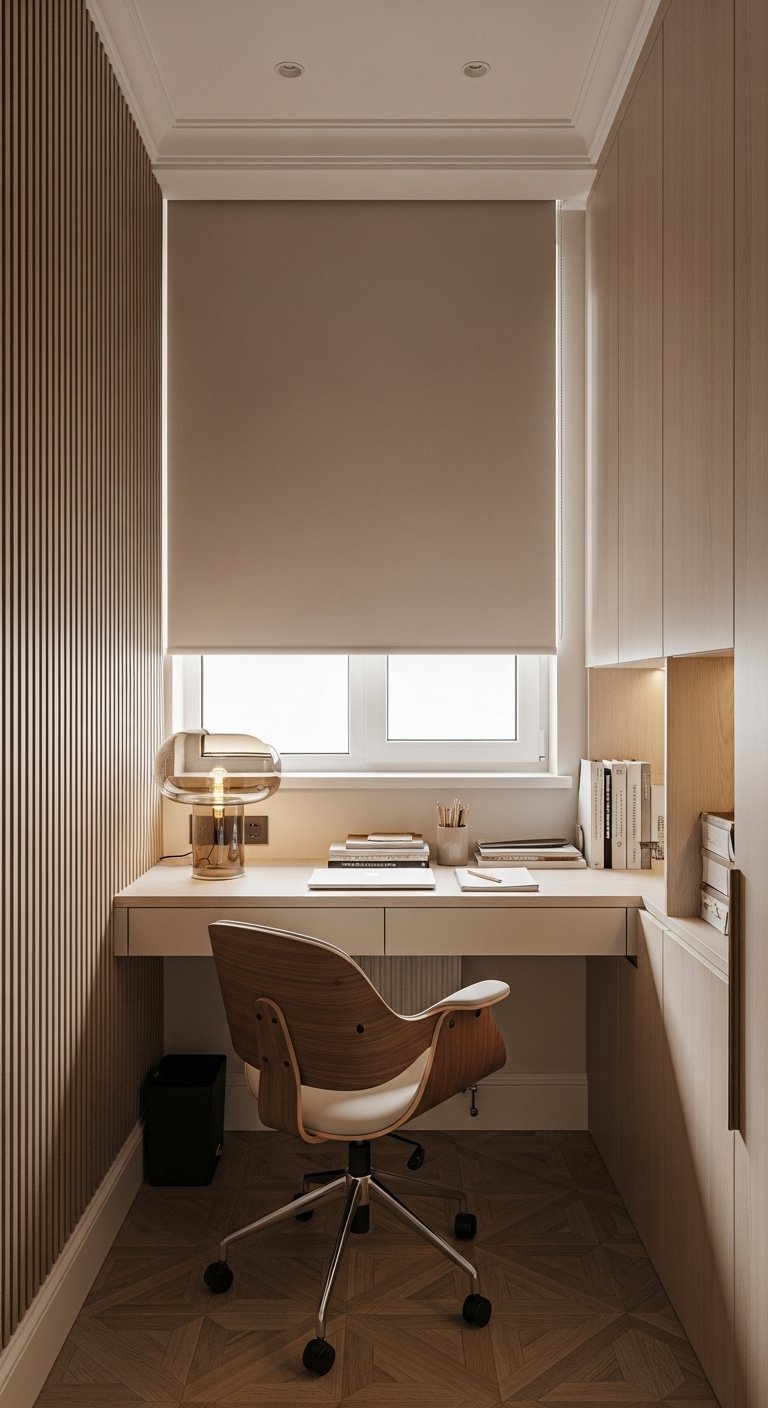 Petit bureau de travail à la maison couloir avec tasseaux bois