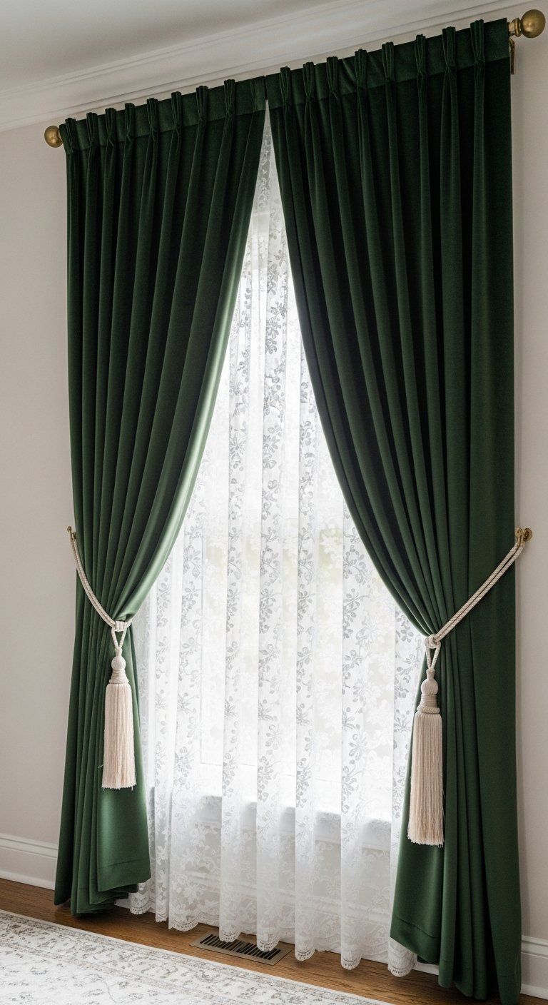 Rideaux de salon en velours vert fonce avec voilage en dentelle et embrasses