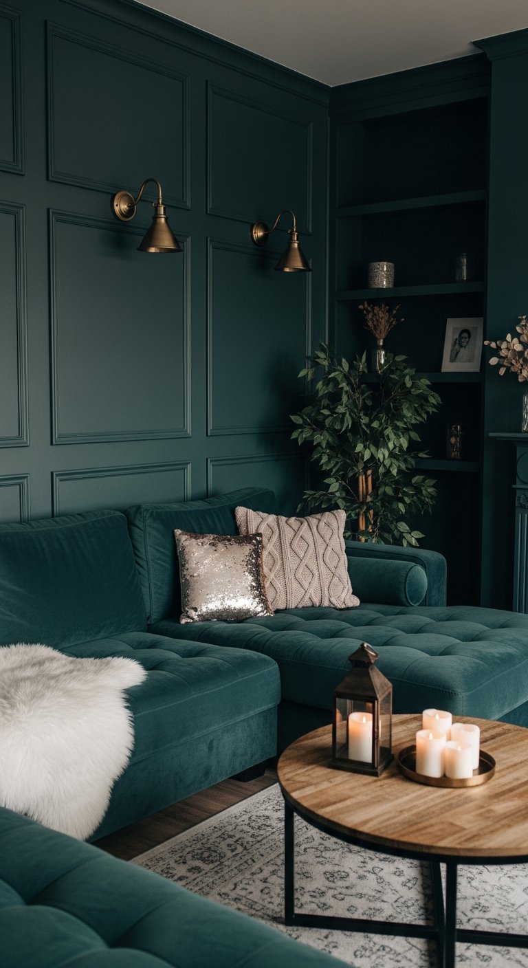 Salon elegant avec murs a moulures vert fonce et canape d angle assorti