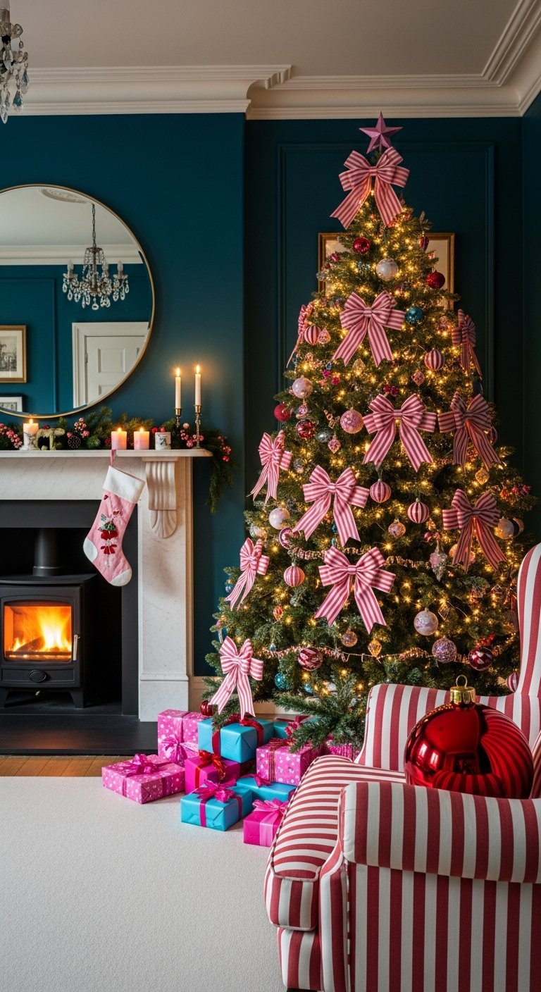 Sapin de Noel décoré de nœuds roses et rouges devant un mur bleu canard