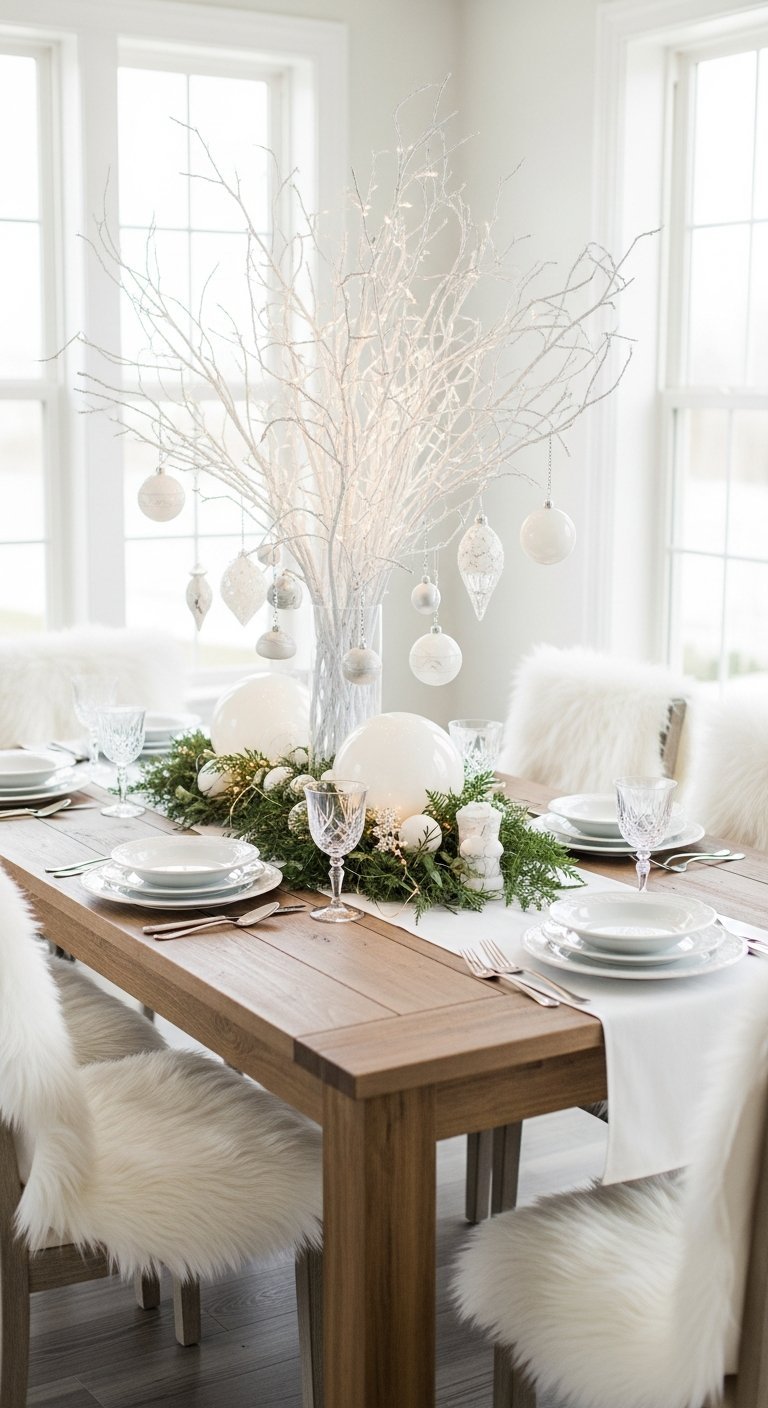 Table de Noel blanche avec branches givrees et chaises en fausse fourrure
