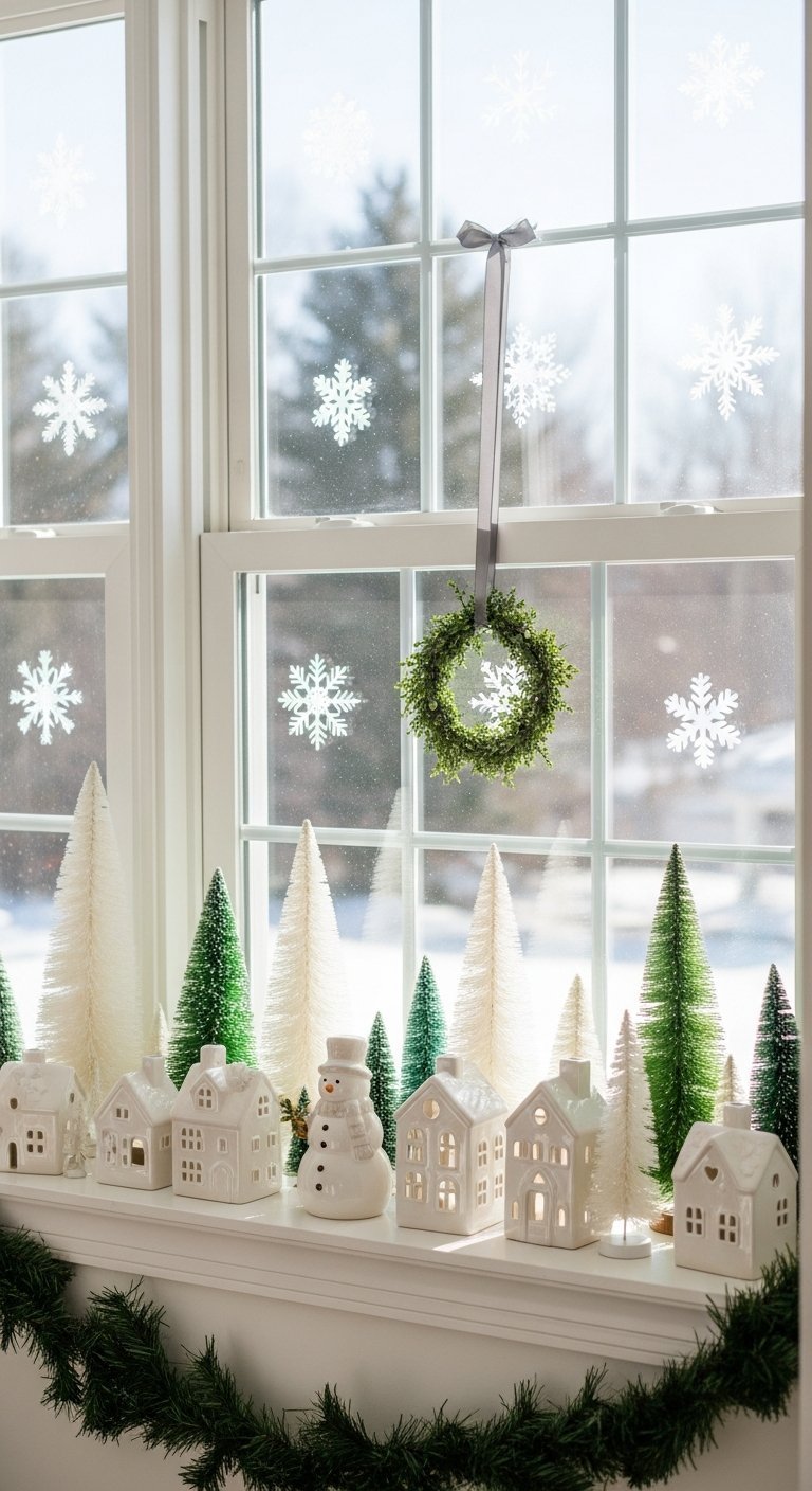 Village de Noël en céramique blanche et mini sapins sur rebord de fenêtre