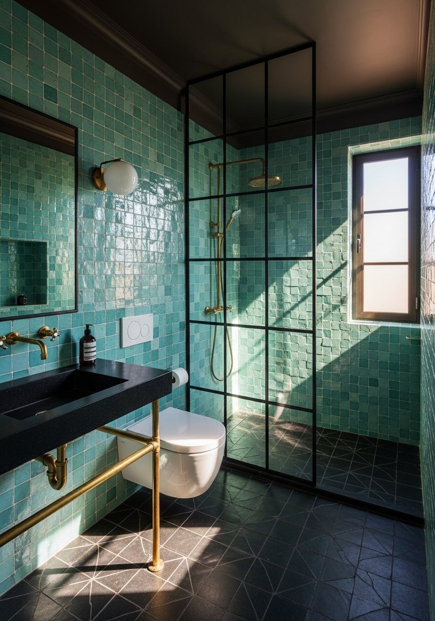 douche industrielle zellige bleu canard