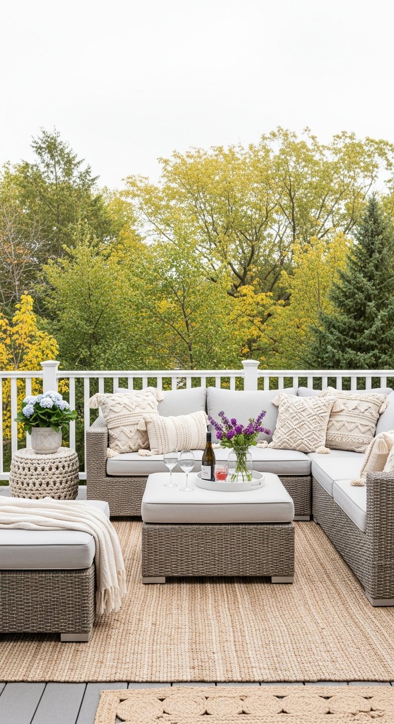Canapé sectionnel en résine tressée grise avec coussins en macramé sur terrasse