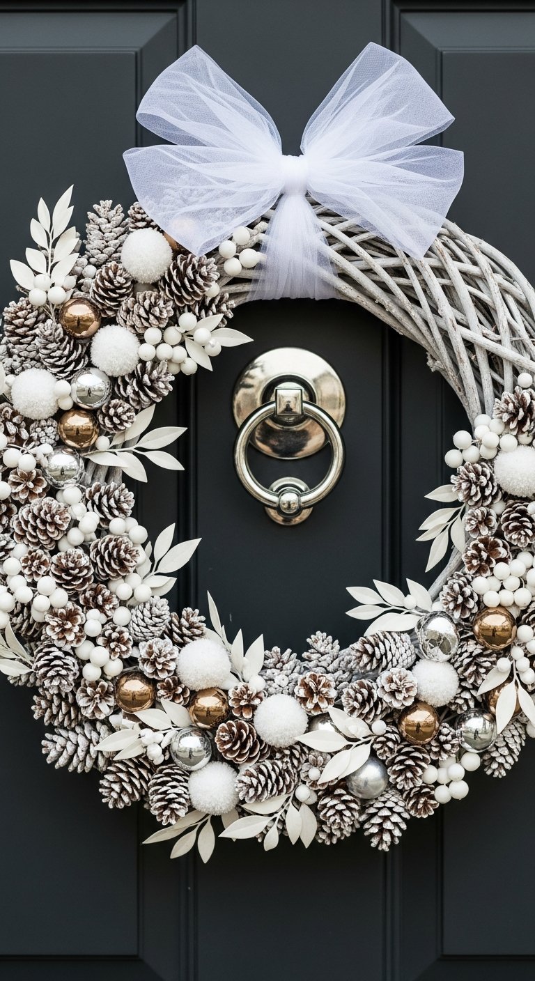 Couronne de Noel moderne en osier blanc avec pommes de pin peintes et boules metalliques