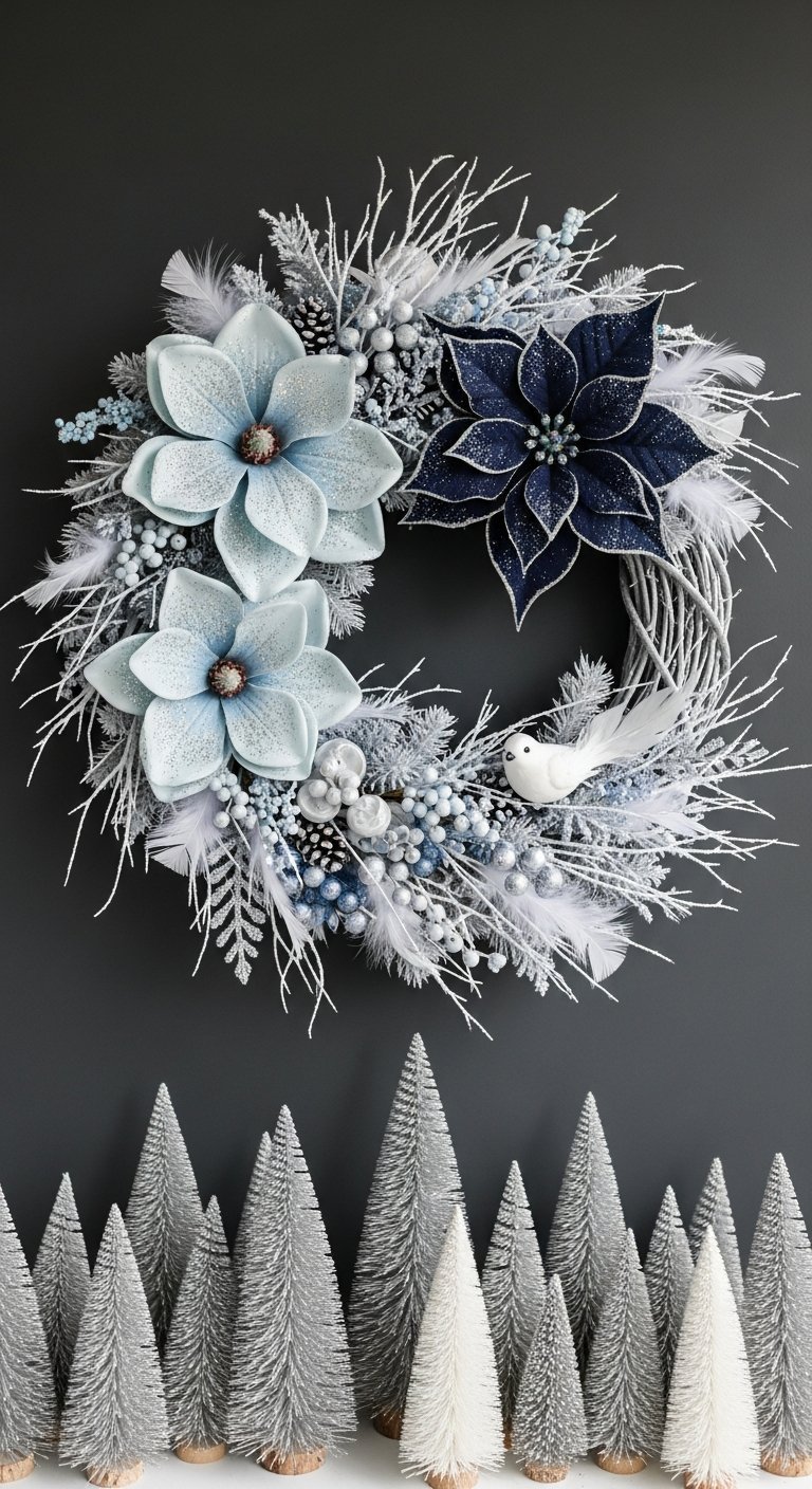 Couronne de noel bleu et argent avec fleurs et plumes sur fond sombre