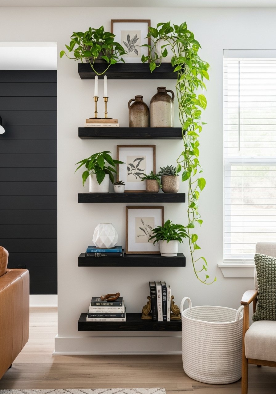 Etageres noires contraste mur blanc