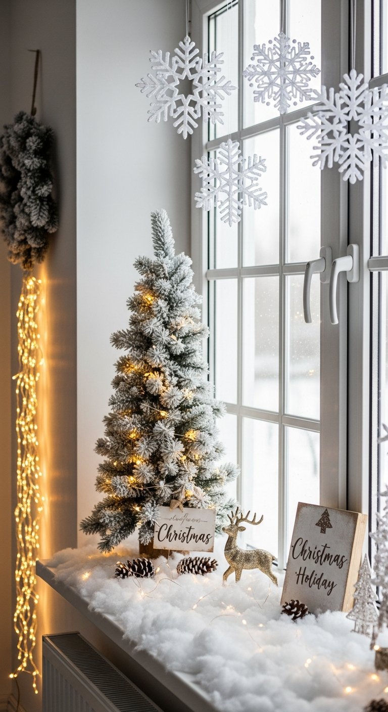 Rebord de fenêtre avec neige artificielle sapin floqué et flocons suspendus