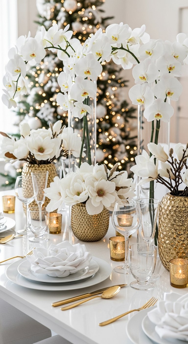 Table de Noel blanche et doree avec centre de table d orchidees blanches