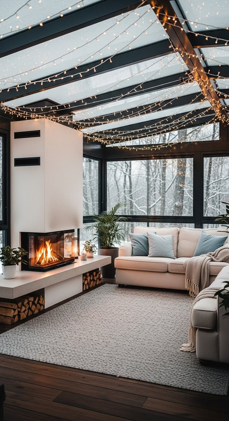 Véranda d hiver avec cheminée et vue sur la neige