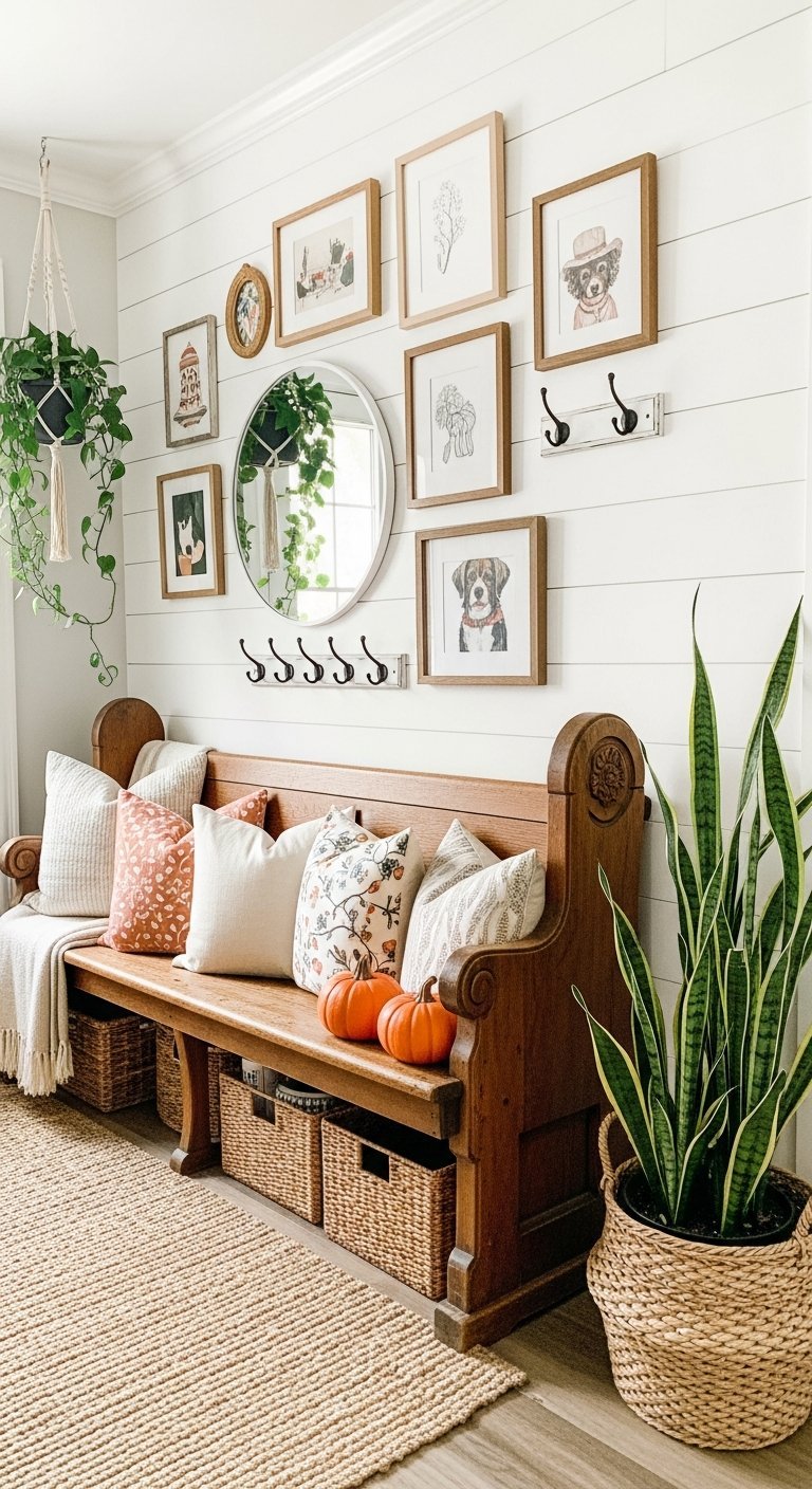 Banc deglise ancien en bois avec mur de cadres et paniers