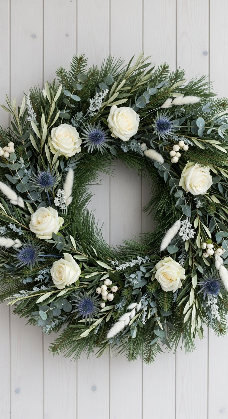 Couronne de Noel moderne avec roses blanches chardons bleus et feuilles d eucalyptus