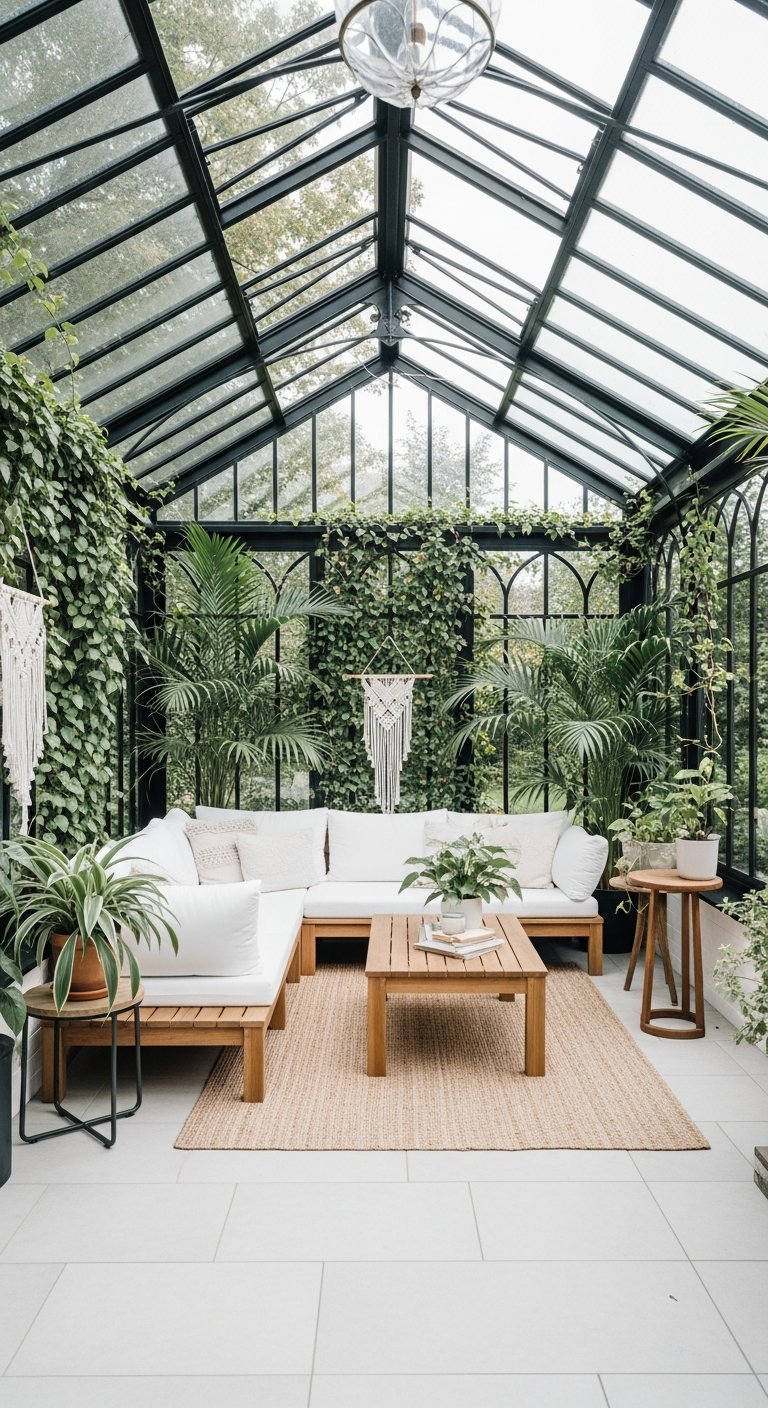Véranda style serre remplie de plantes et canapé en bois