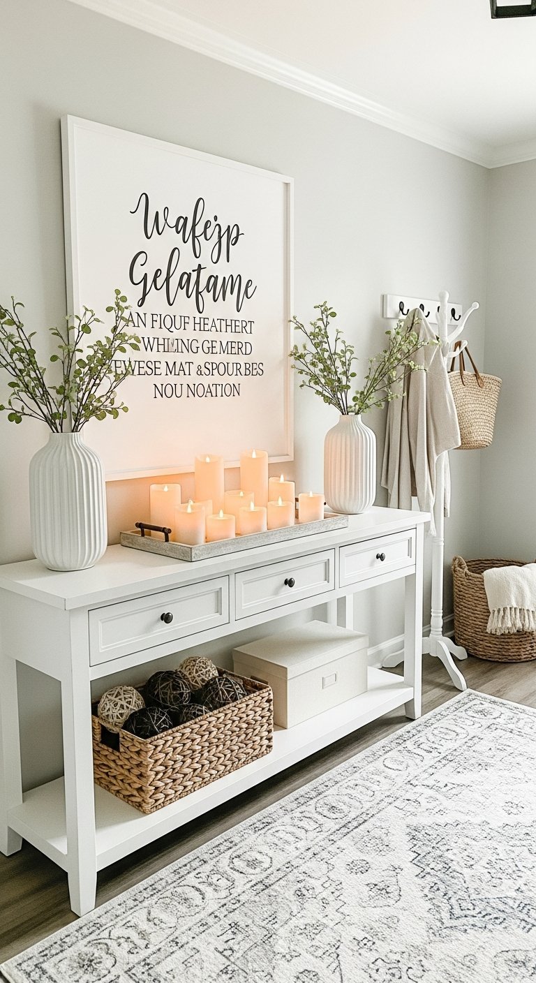 Console blanche avec grand cadre typographique et plateau de bougies