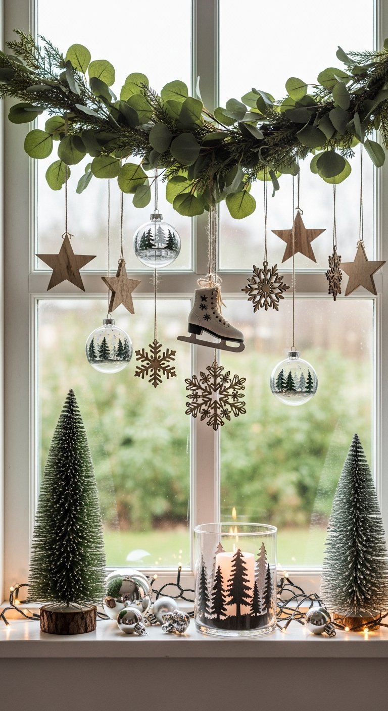 Guirlande d eucalyptus avec patin à glace et étoiles en bois suspendus