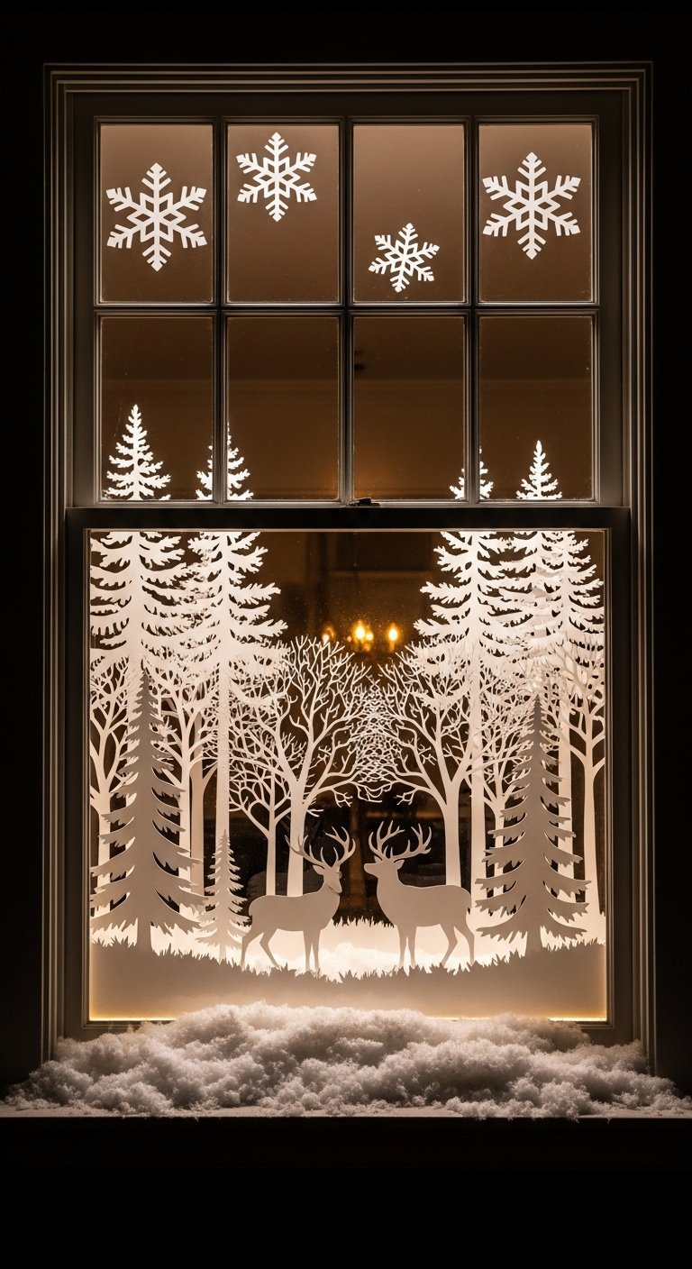 Silhouette de forêt en papier blanc rétro éclairée sur une fenêtre