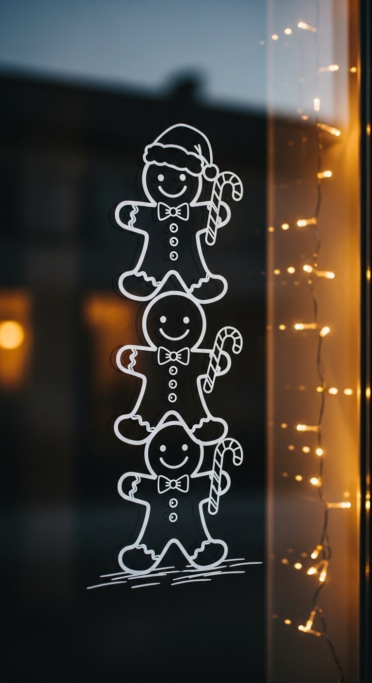 Autocollants de bonshommes en pain d épice empilés sur une vitre