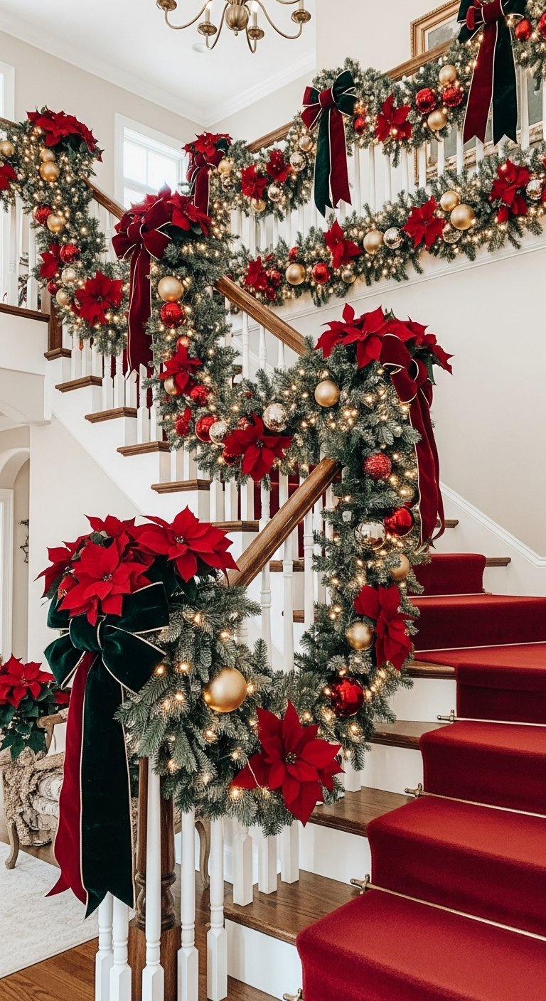 Escalier majestueux avec grosses guirlandes et boules rouges et dorées