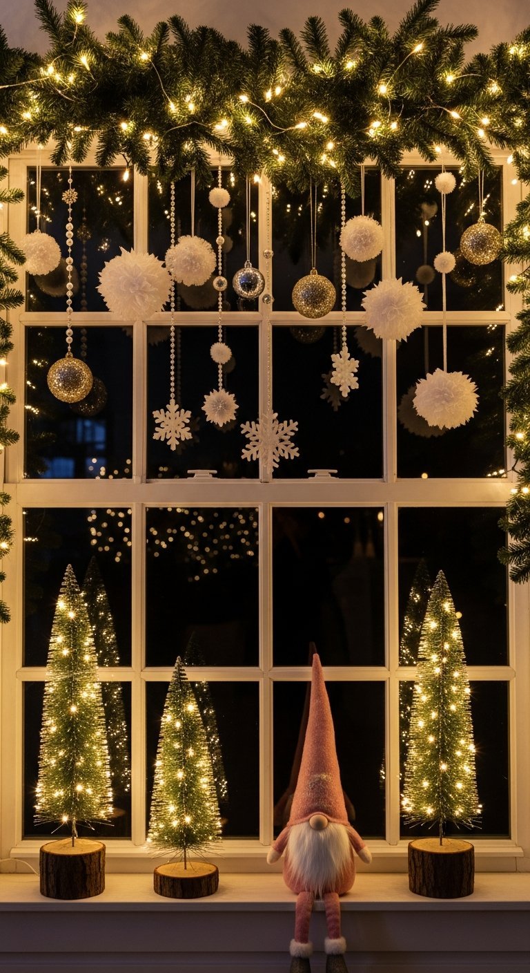 Déco de fenêtre de nuit avec gnome au centre et sapins lumineux