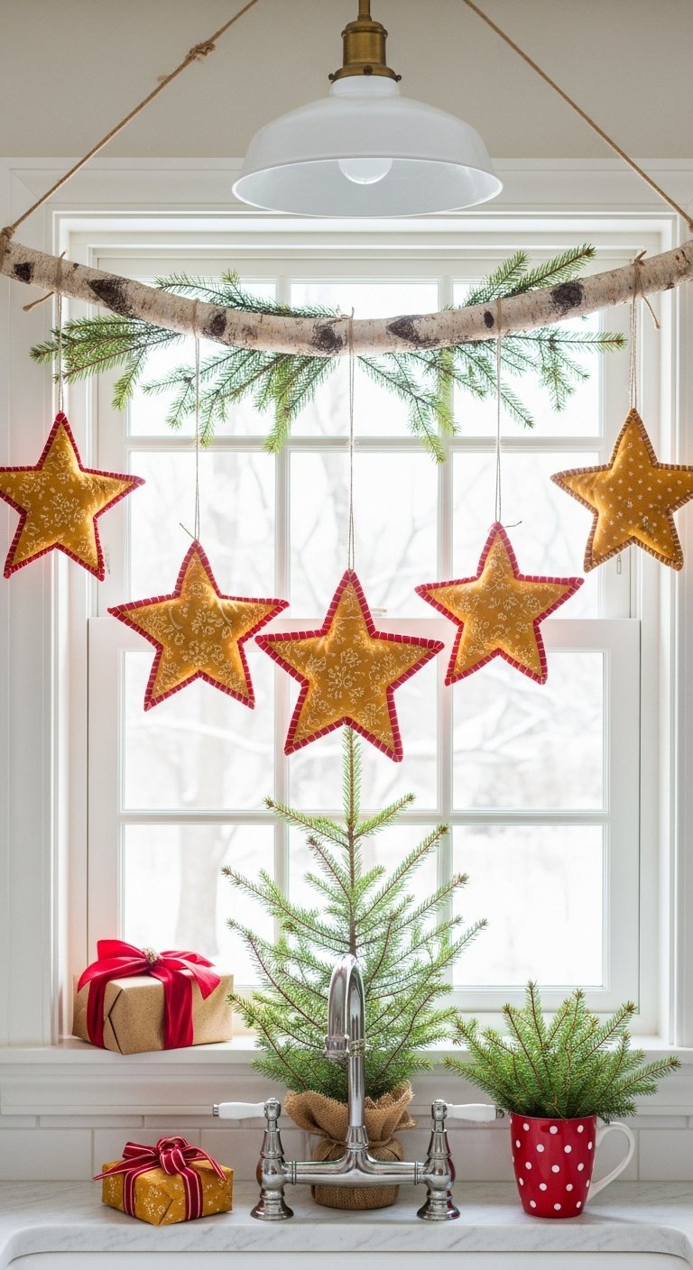 Branche avec étoiles en tissu jaune suspendues au dessus d une fenêtre de cuisine