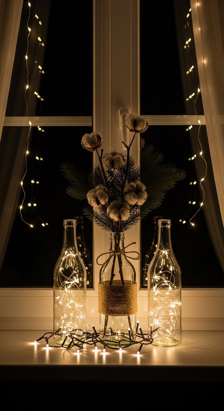 Bouteilles en verre remplies de guirlandes LED sur rebord de fenêtre