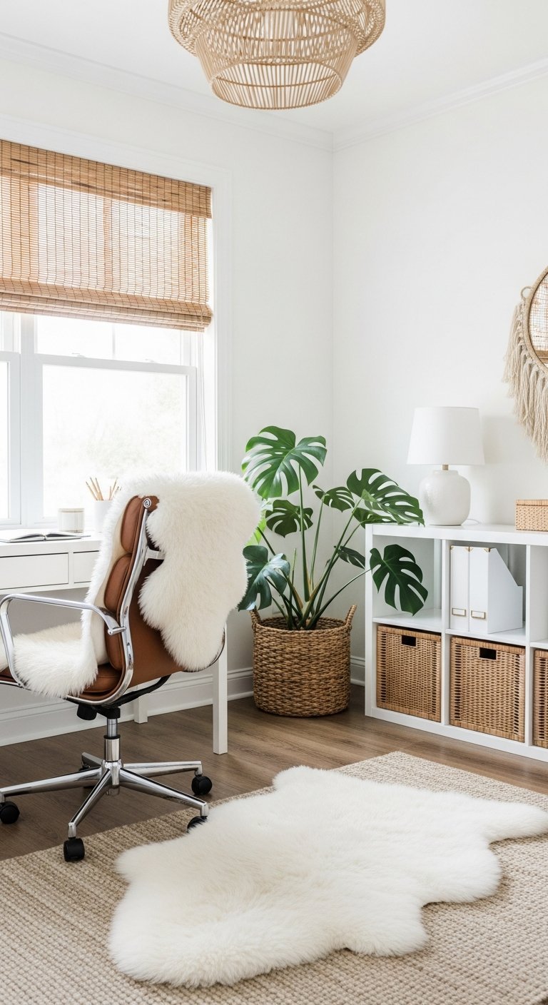 Bureau de travail à la maison style bohème avec chaise fourrure