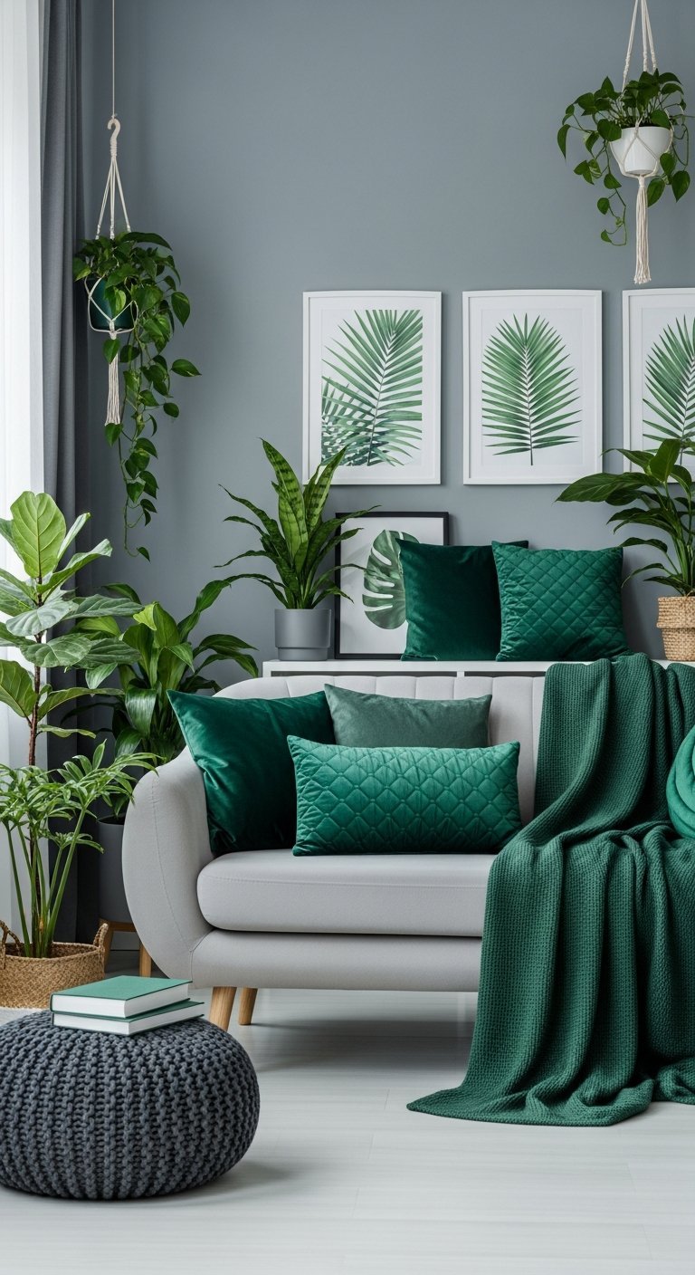 Canape gris avec nombreux coussins et plaids vert emeraude entoure de plantes