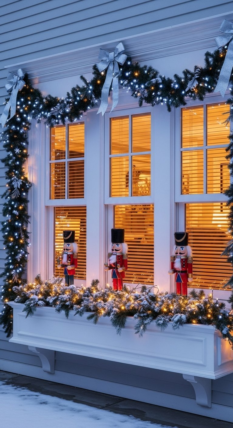Casse noisettes dans une jardinière de fenêtre avec guirlandes lumineuses