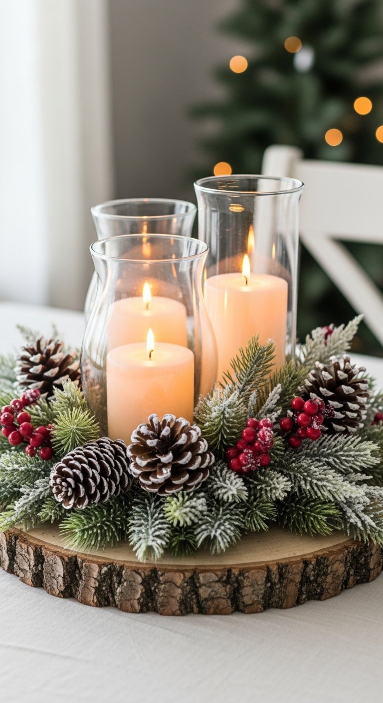 Centre de table de noel avec bougies blanches et pommes de pin sur tranche de bois